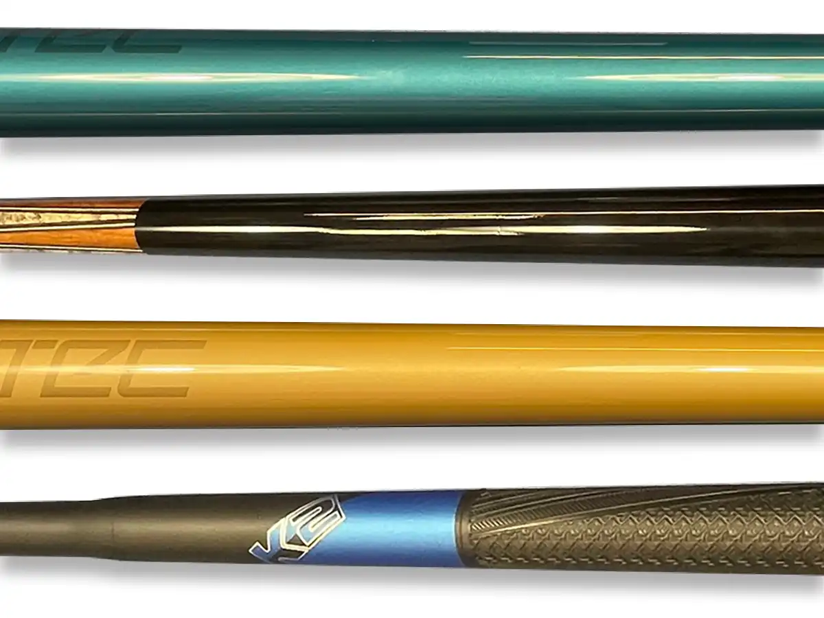 Four pool cues displayed horizontally against a white background, showcasing various colors and textures, including teal, black, gold, and blue.