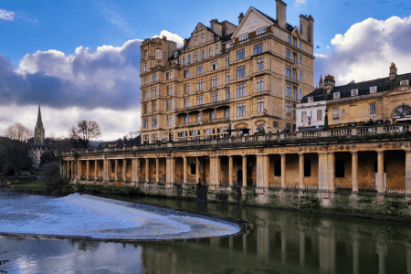 A view over the River Avon weir, looking across to the Empire Hotel