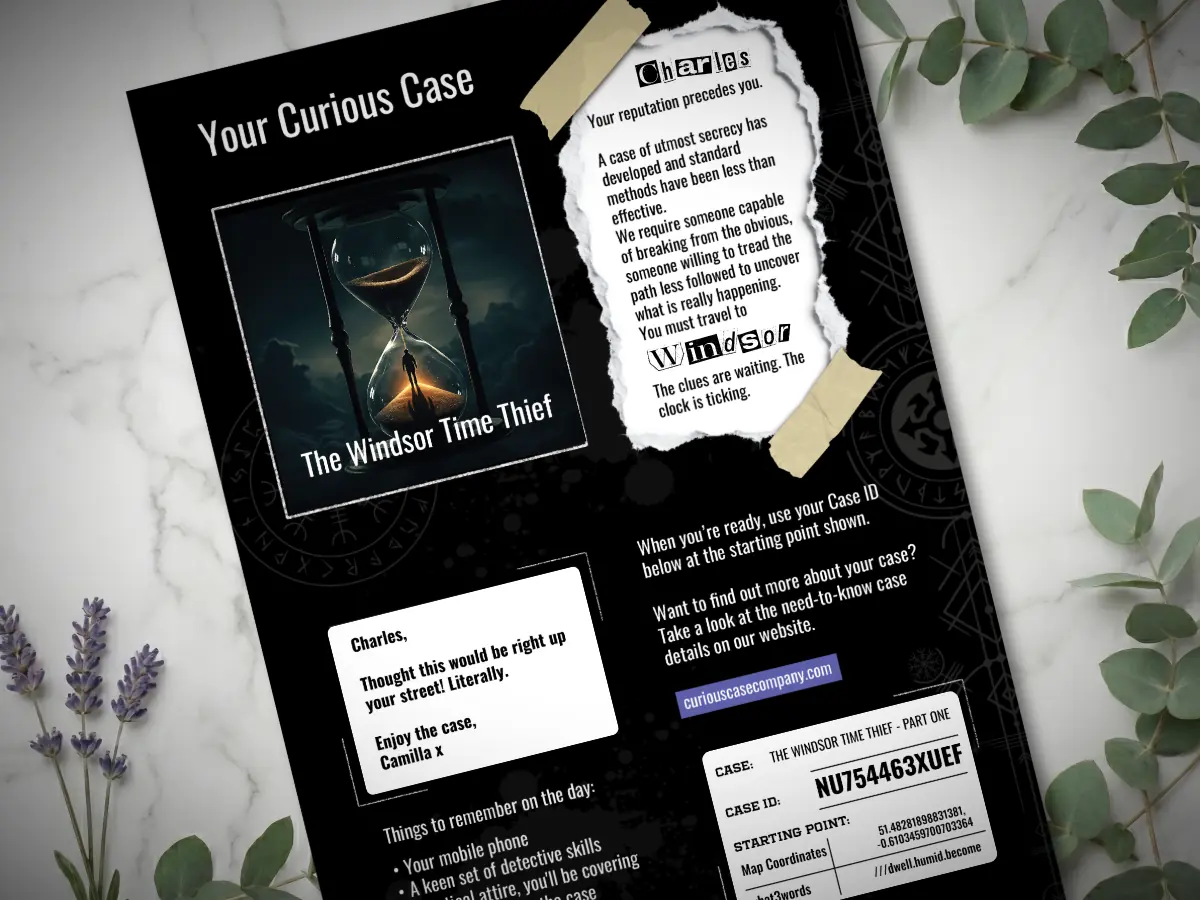 A personalised Windsor Time Thief gift card