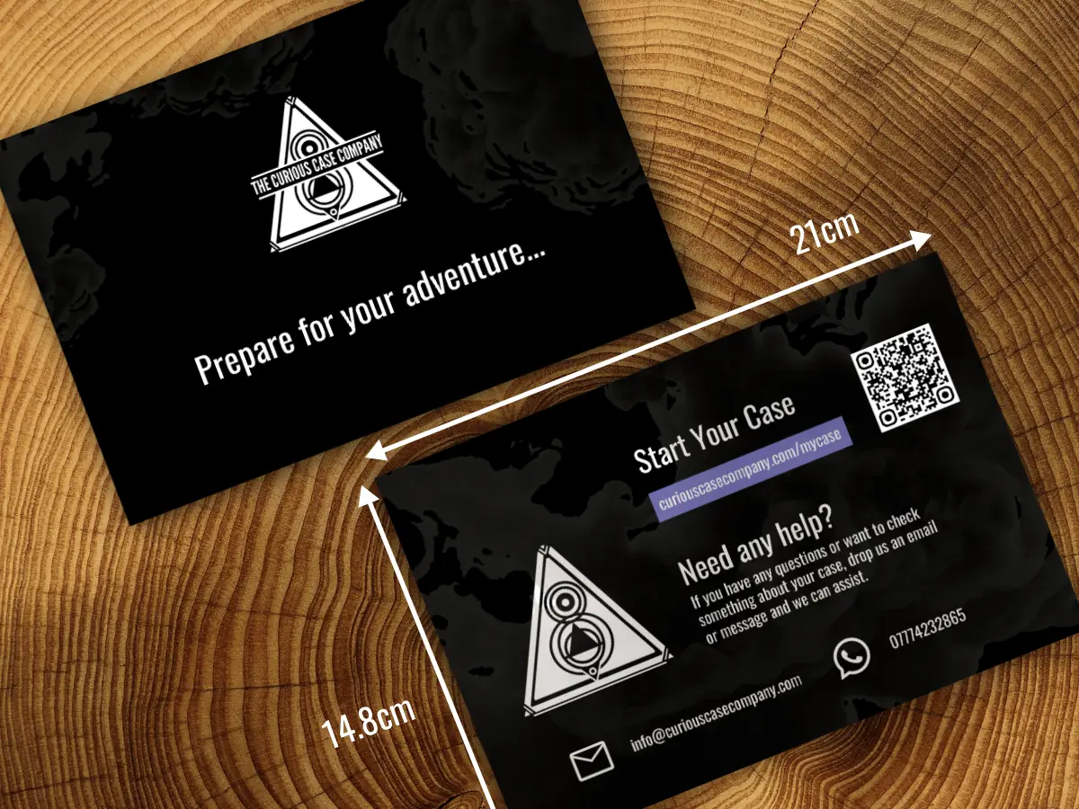 Front and back view of a Curious Case gift card, showing size dimensions in cm and a QR code to access the game.