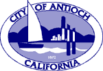 Seal of Antioch, California, featuring a sailboat, waterfront, and industrial structures in a circular design.