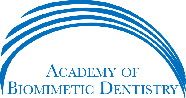 Emblem of the Academy of Biomimetic Dentistry with blue curved lines above its name.