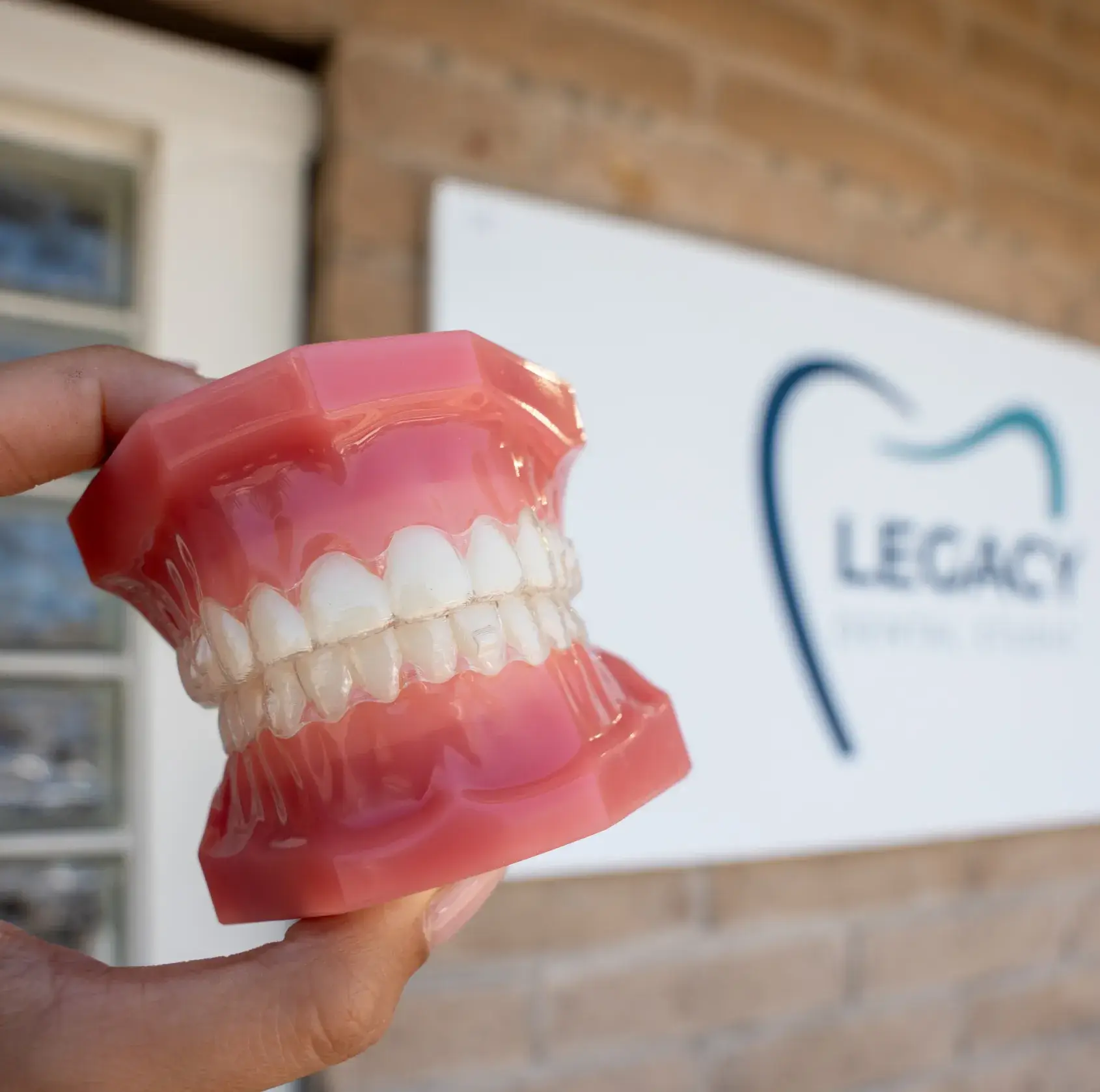 A hand holds a model of teeth in front of a dental clinic sign.