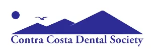 Logo of Contra Costa Dental Society with blue mountains, a bird, and a sun.