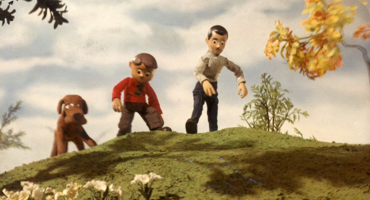 Scene from the vintage stop-motion cartoon Davey and Goliath