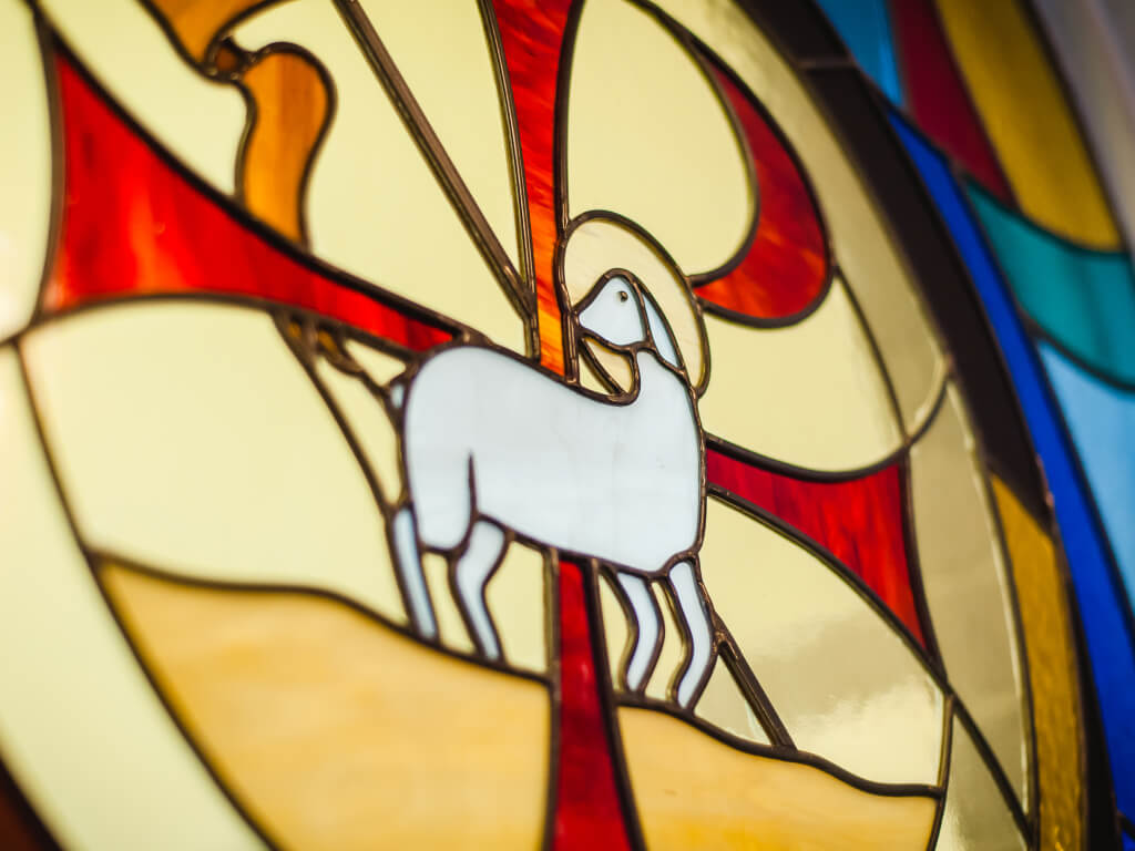 Stained glass window inside a Lutheran church