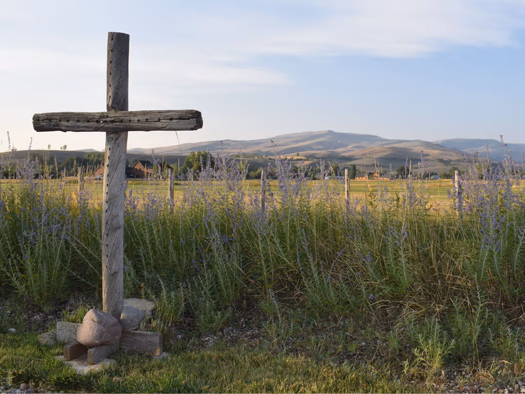 A wooden cross made from thick pieces of wood with holes poked throughout stands in front of a field of lavender with mountains in the background.  