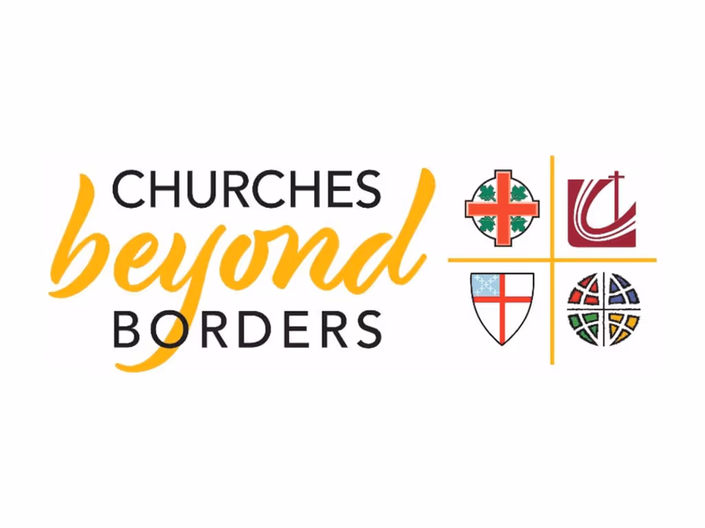 The words “Churches Beyond Borders” with “Beyond” highlighted in yellow script, next to logos for four Christian denominations, arranged around a yellow cross.