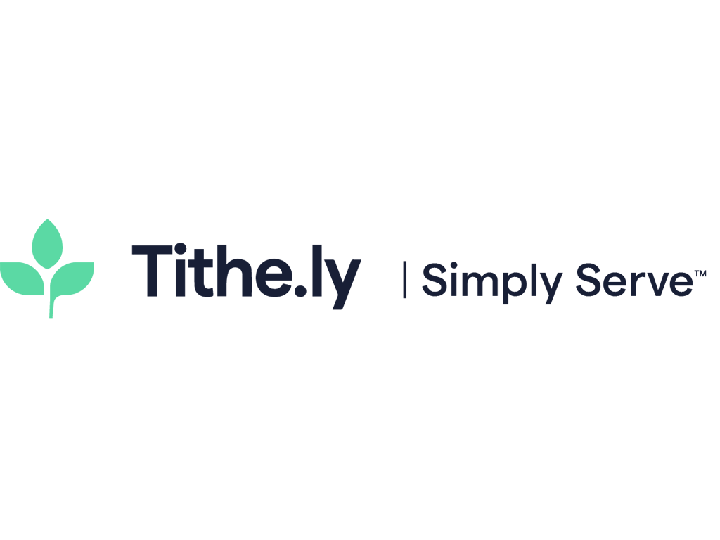 A logo for Tithe.ly with a green flower icon and the words “simply serve.”