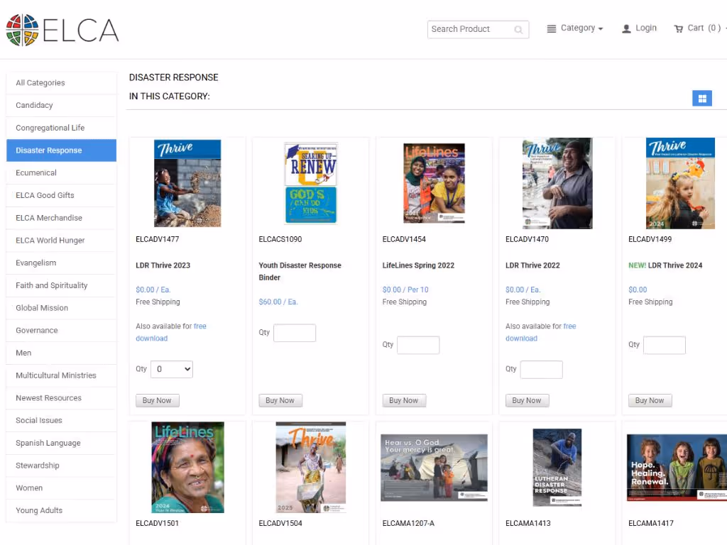 Screenshot of a web store with the ELCA logo in the top-left and two rows of five products for sale. 