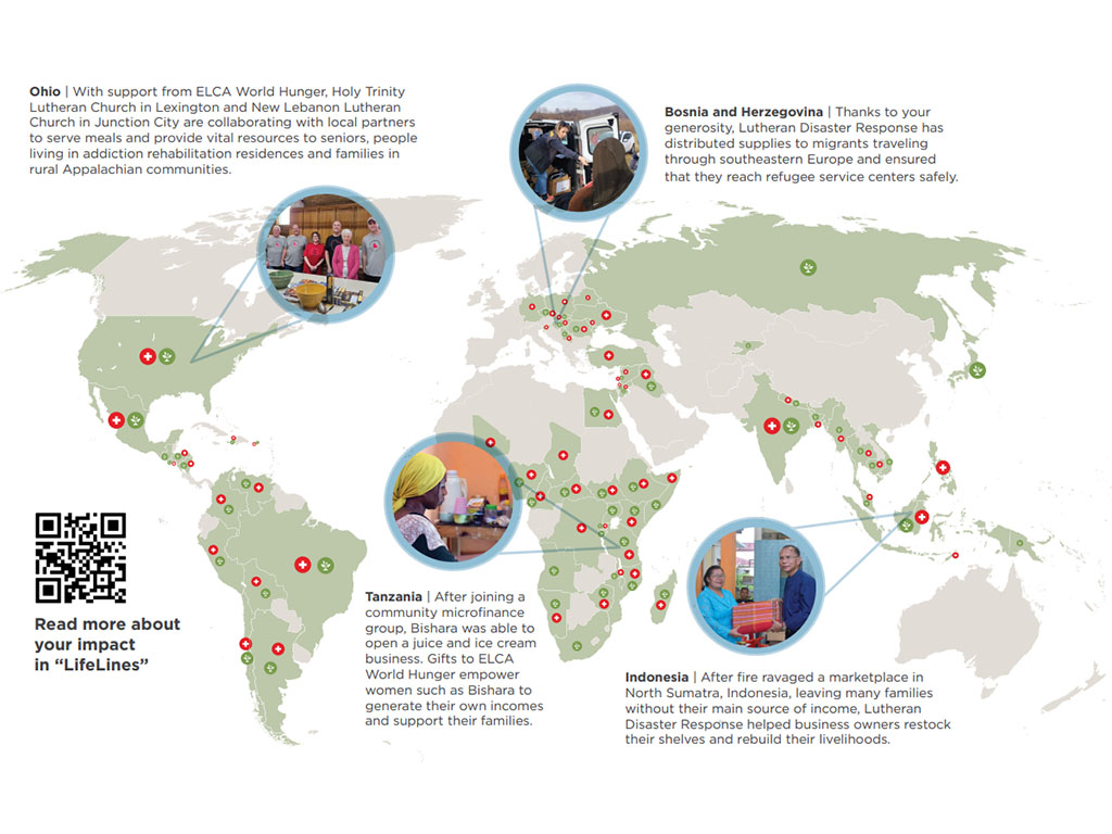 Map of the world with red and green circles denoting points on every continent.