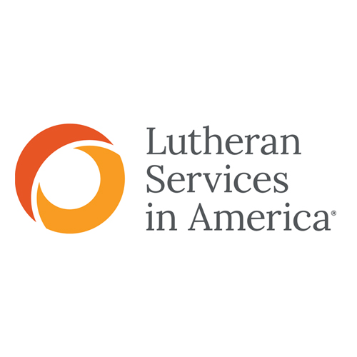 A logo for Lutheran Services in America, featuring a two-tone orange circle and the organization’s name stacked in gray serif font. 