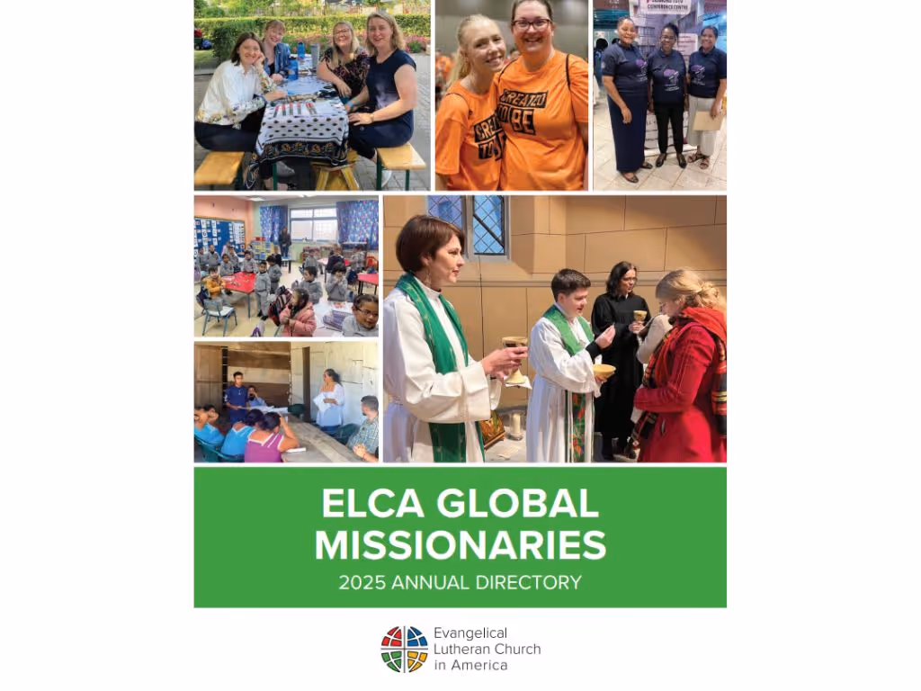 Front cover of a booklet titled ELCA Global Missionaries with photos showing various classrooms and churches around the world.