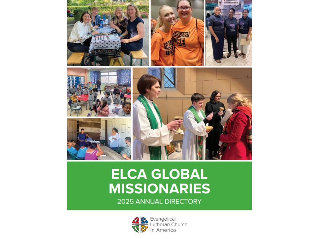 Front cover of a booklet titled ELCA Global Missionaries with photos showing various classrooms and churches around the world.