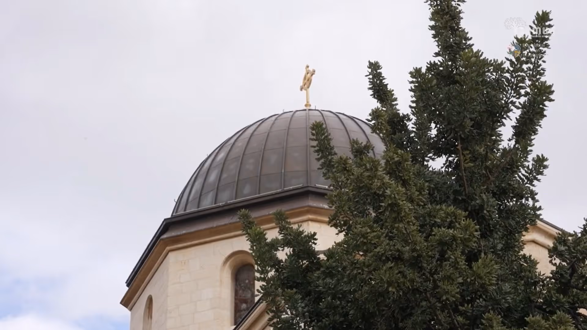 The dome of a church with a cross on top rises behind a gree tree against a gray sky.