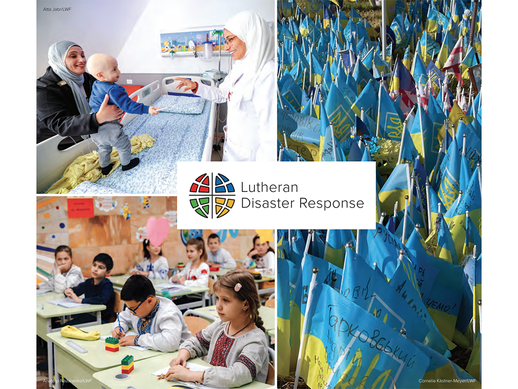 Photo collage with three pictures, one of a child in a hospital, one of school children, and one of a field of blue flags with the Lutheran Disaster Response logo in the center. 