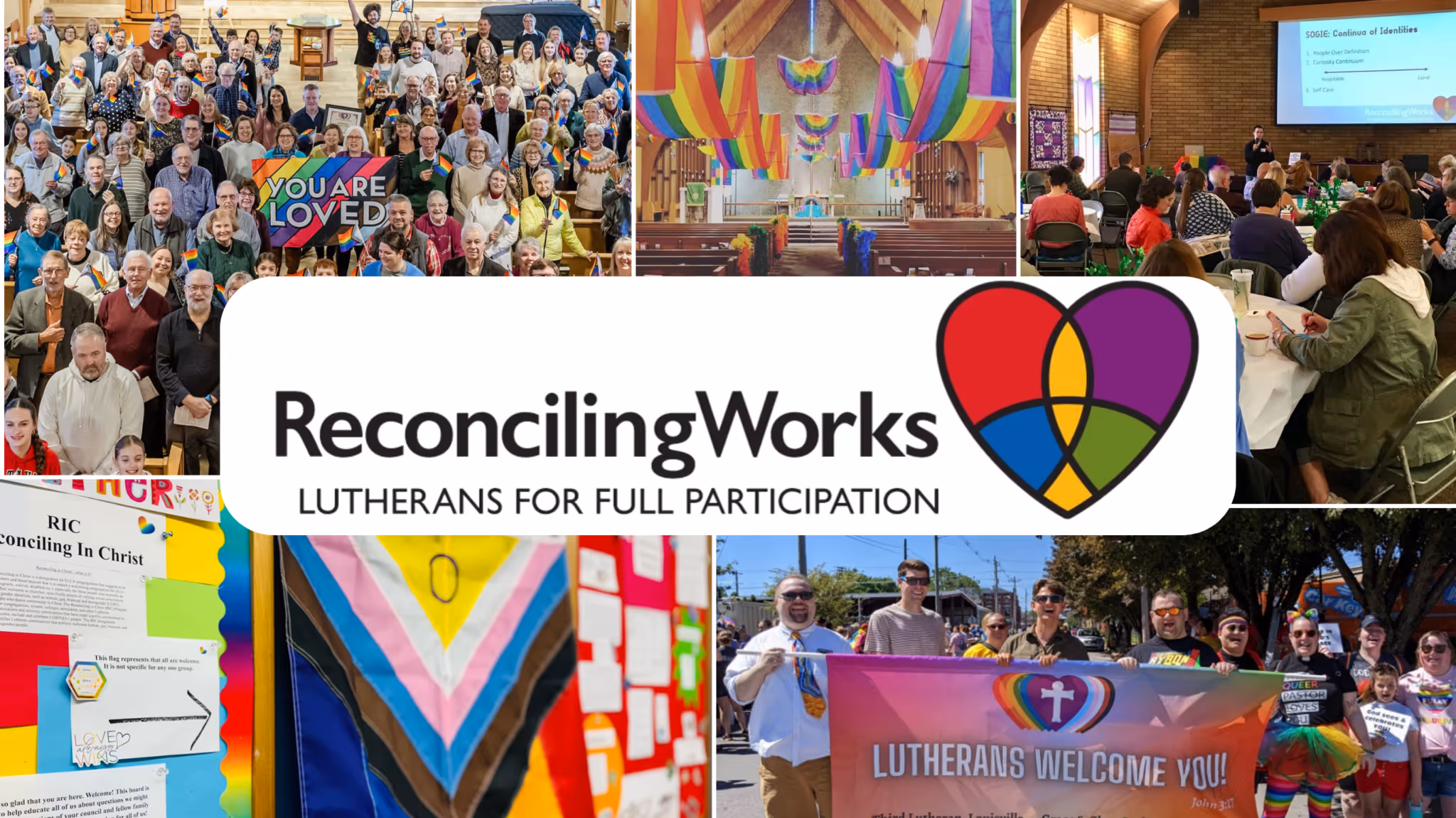 A photo collage with a multicolored heart in the middle and the words “Reconciling Works Lutheran Full Participation.”