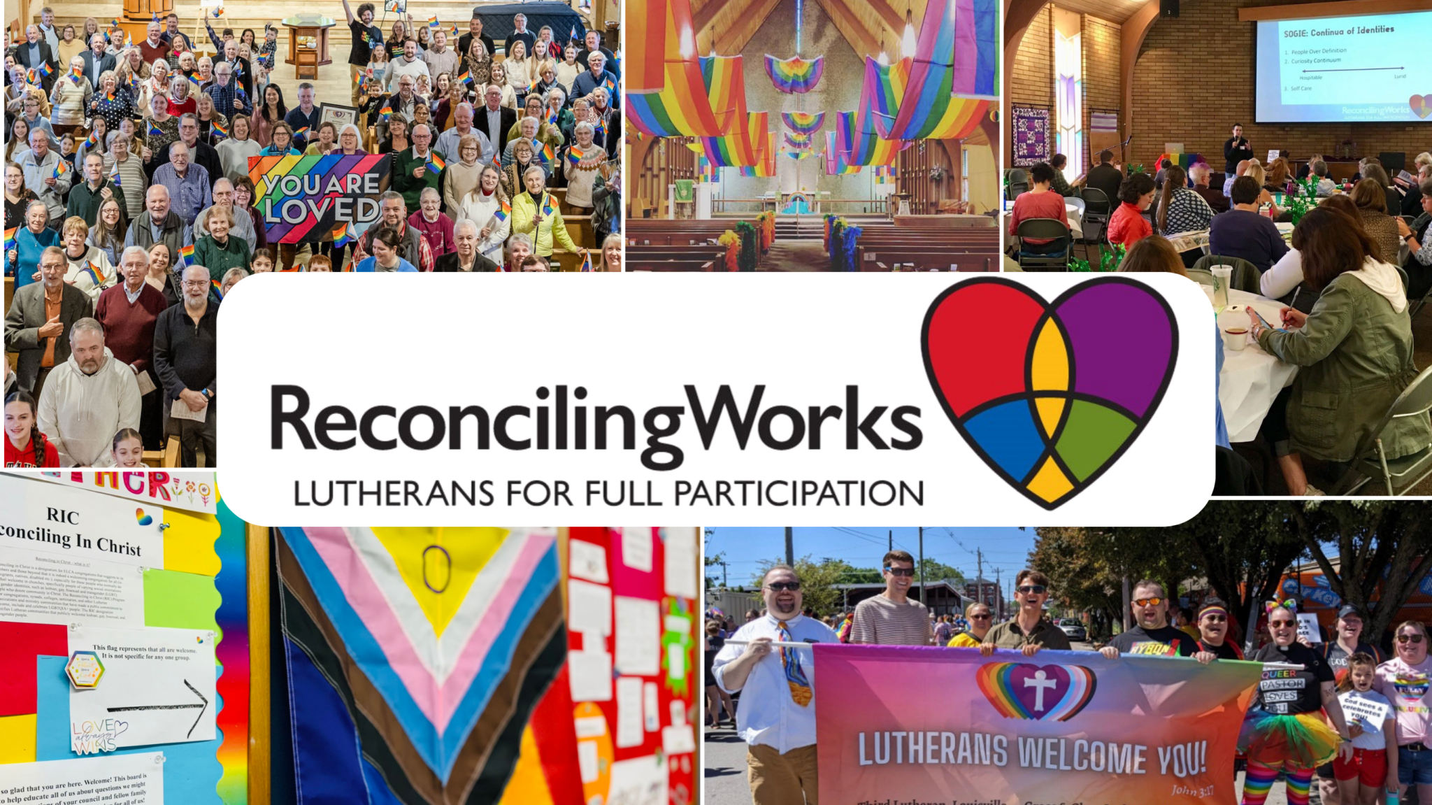 A photo collage with a multicolored heart in the middle and the words “Reconciling Works Lutheran Full Participation.”