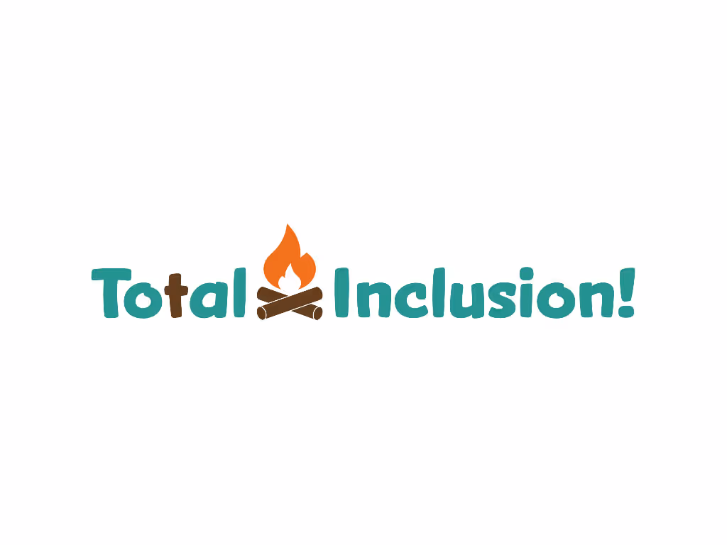 The words “Total Inclusion” in green, comics-style text with the second “t” in “total” colored brown to suggest a cross. In between the words is a graphic of a campfire with two brown logs and an orange flame. 