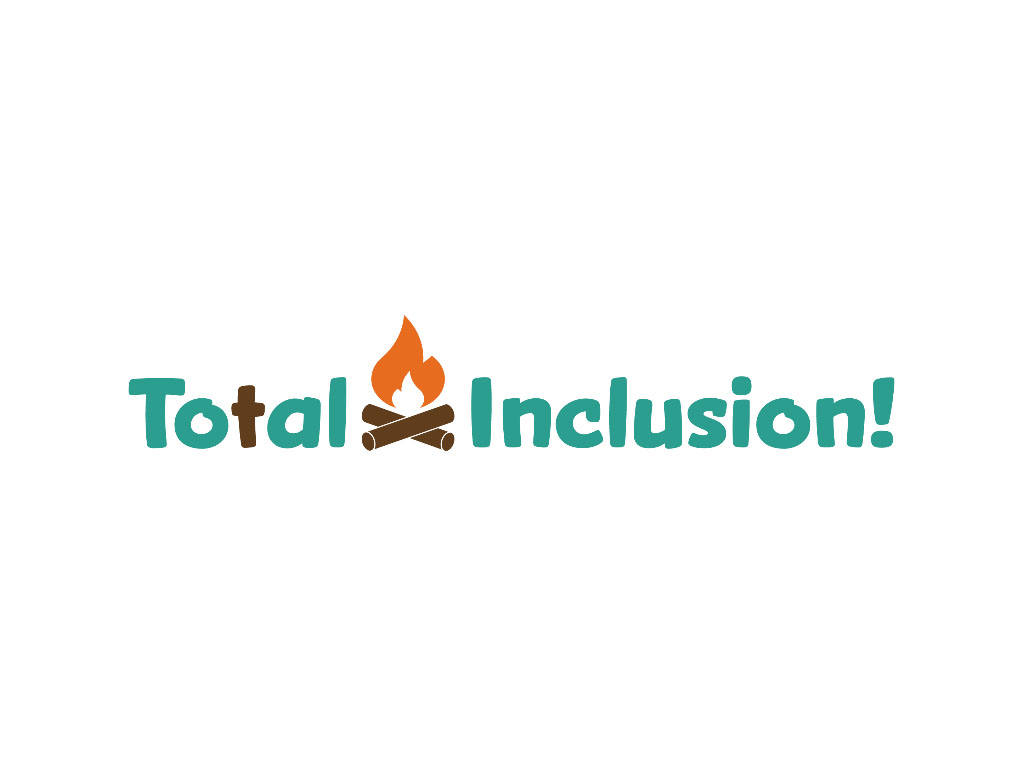 The words “Total Inclusion” in green, comics-style text with the second “t” in “total” colored brown to suggest a cross. In between the words is a graphic of a campfire with two brown logs and an orange flame. 