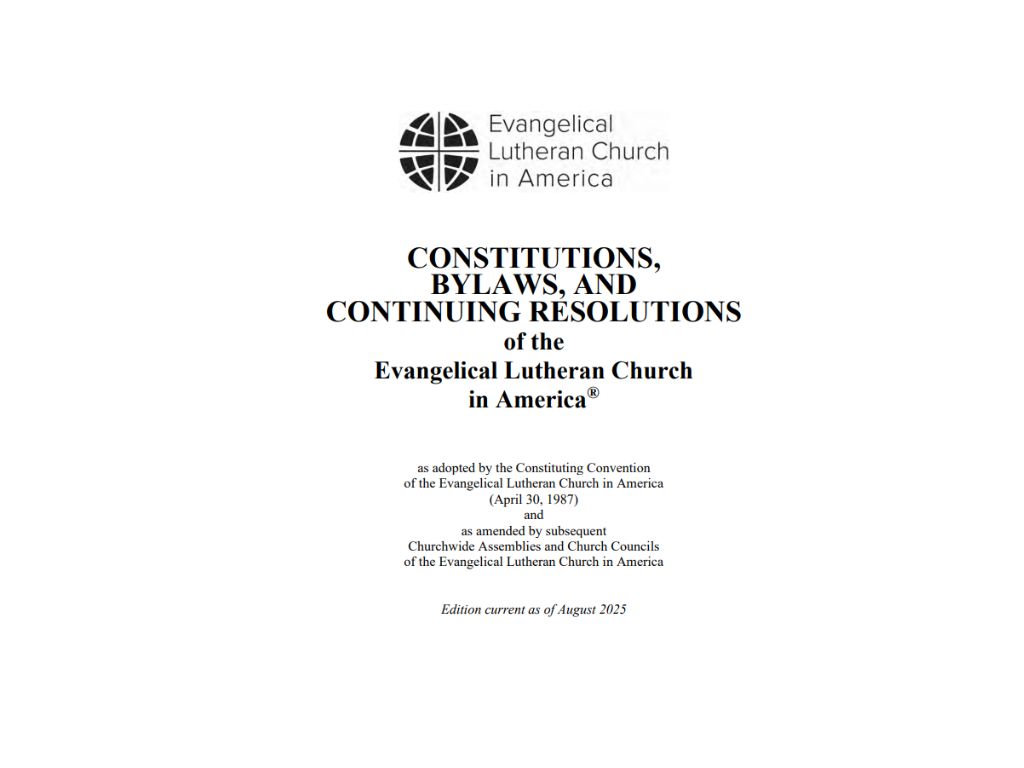 Cover page of a document titled “Constitutions, Bylaws, and Continuing Resolutions of the Evangelical Lutheran Church in America.”