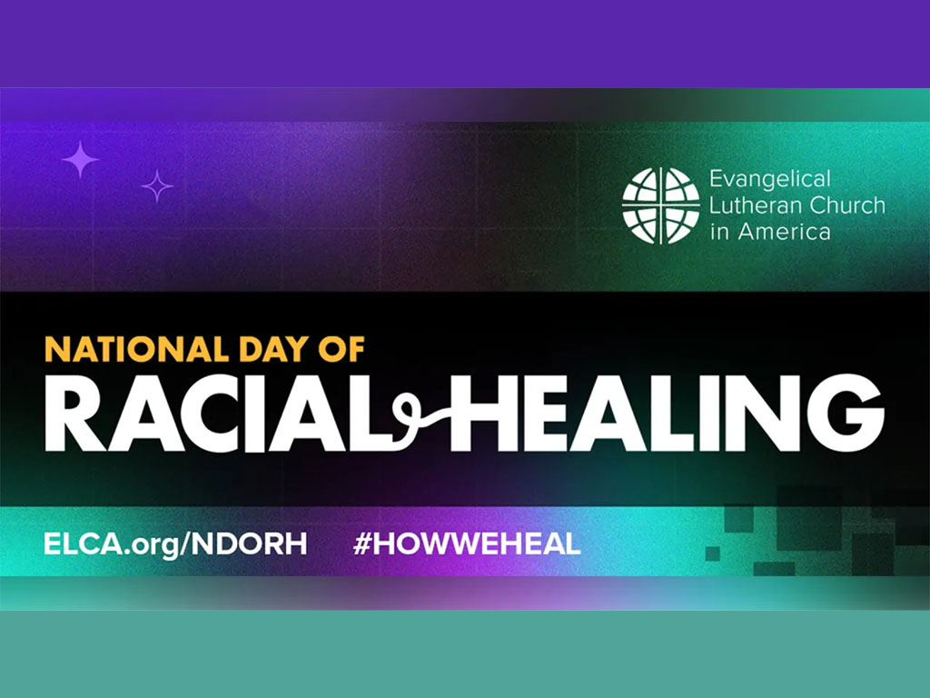 title slide of a presentation with purple and green background and a black stripe through the middle with the words “national day of racial healing” in white text.