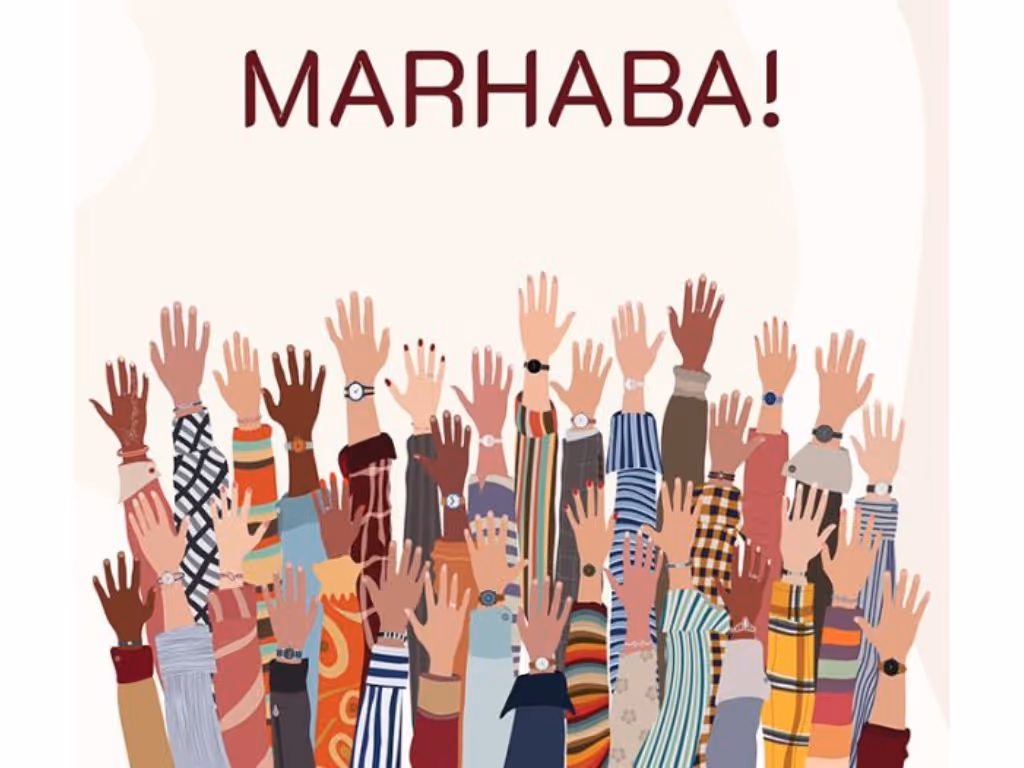 Image showing hands of various colors raised above with the word “Marhaba” in brown text at the top.