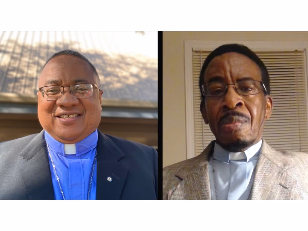 Split screen with two male pastors smiling at the camera.