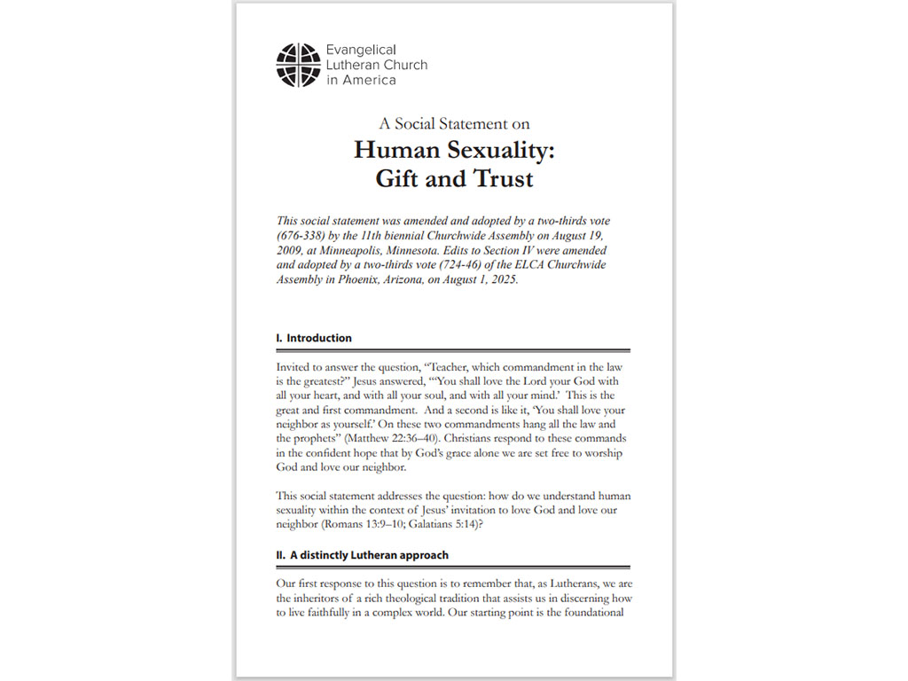 Cover of a document that reads “social statement on human sexuality: gift and trust.” 