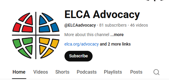 Screenshot of the header on a ECLA Advocacy’s YouTube page featuring the ELCA logo and subscribe button.