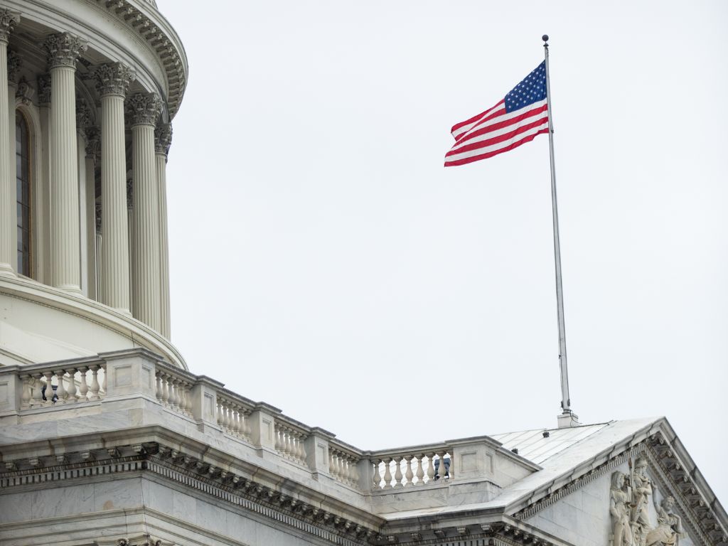 American flag waving net to the dome of the US Capitol building in Washington, D.C.