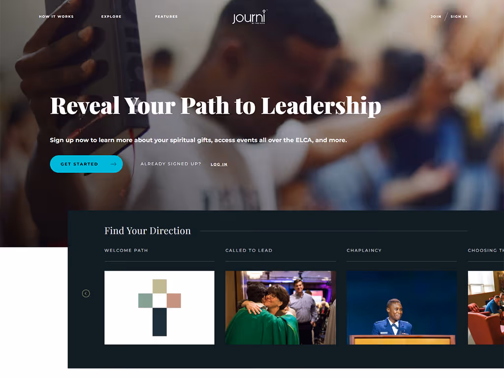 Screenshot of a webpage featuring an image of a man with arms wide in prayer and text underneath that reads “Find Your Direction.”