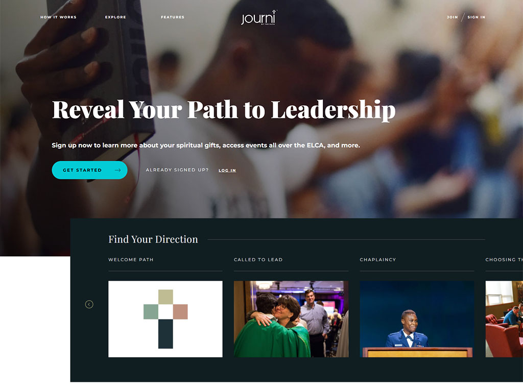Screenshot of a webpage featuring an image of a man with arms wide in prayer and text underneath that reads “Find Your Direction.”