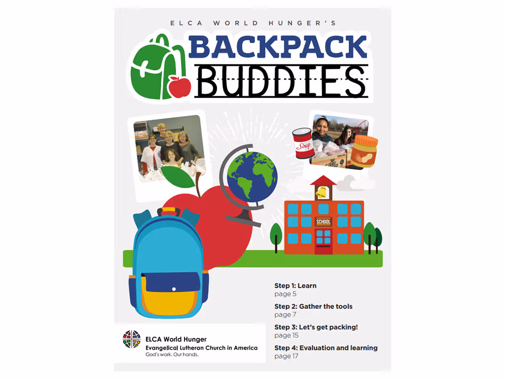 Cover of a booklet with icons for backpacks, a school, and a bus and the words Backpack Buddies at the top.