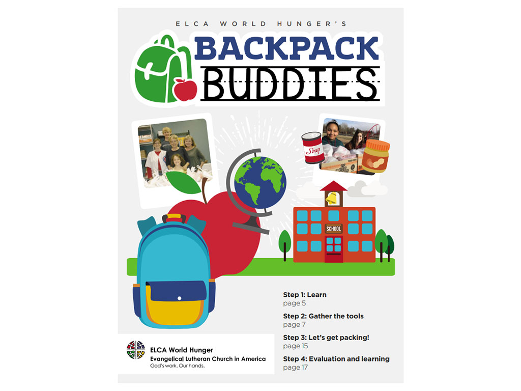 Cover of a booklet with icons for backpacks, a school, and a bus and the words Backpack Buddies at the top.