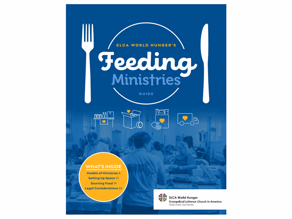 cover of a booklet with a photo of a community dinner with blue overlay and the words ELCA World Hunger’s Feeding Ministries Guide.