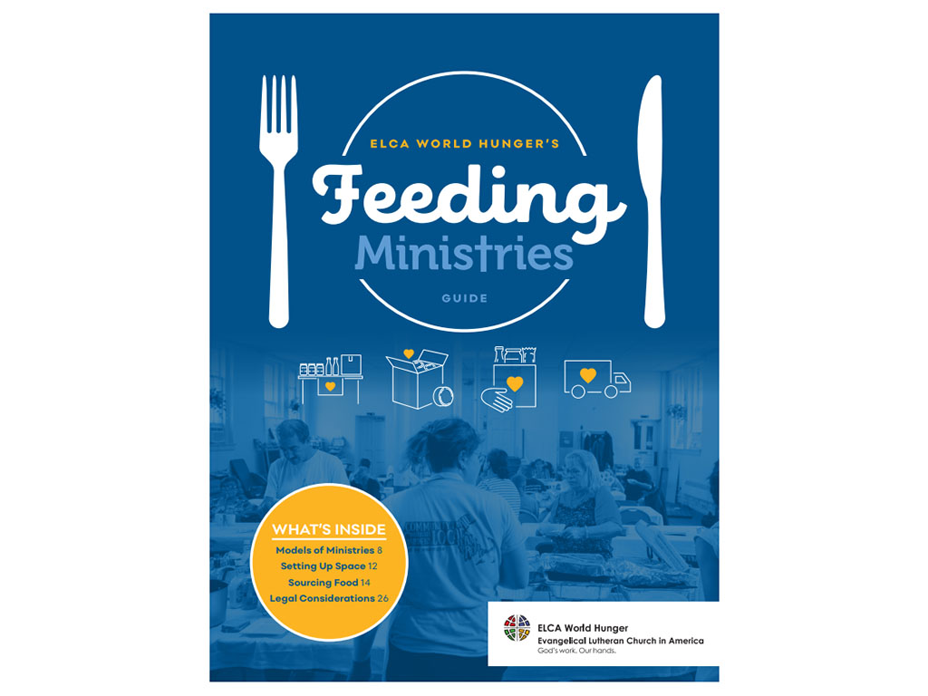 cover of a booklet with a photo of a community dinner with blue overlay and the words ELCA World Hunger’s Feeding Ministries Guide.