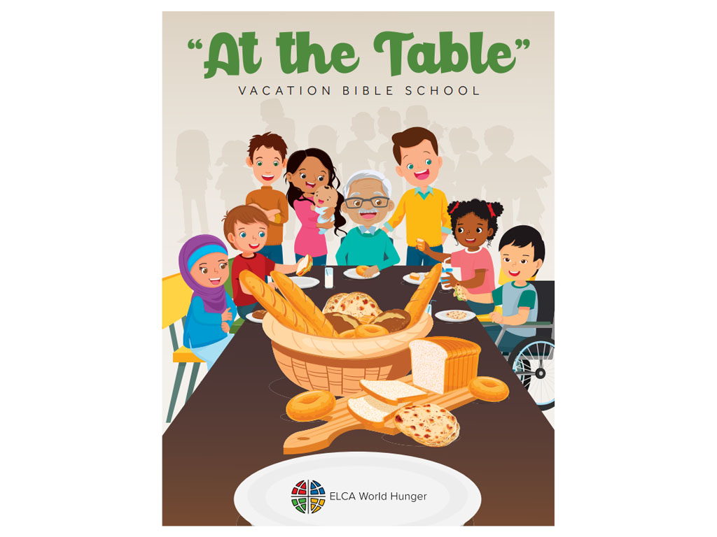 Cover of a booklet featuring a cartoon family around a large dining room table. 