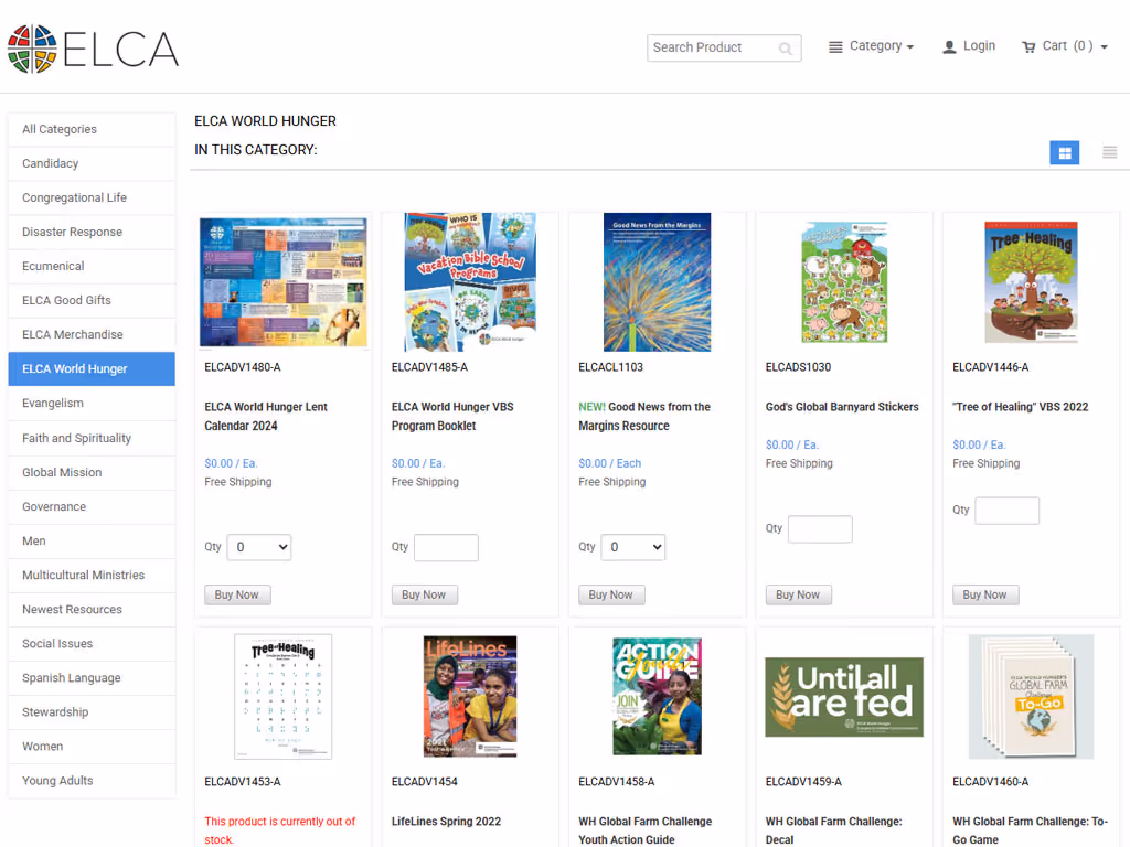 Screenshot of the ELCA online store with the World Hunger category selected to show two rows of five products.