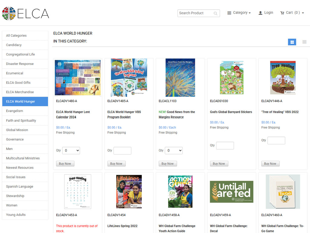 Screenshot of the ELCA online store with the World Hunger category selected to show two rows of five products.