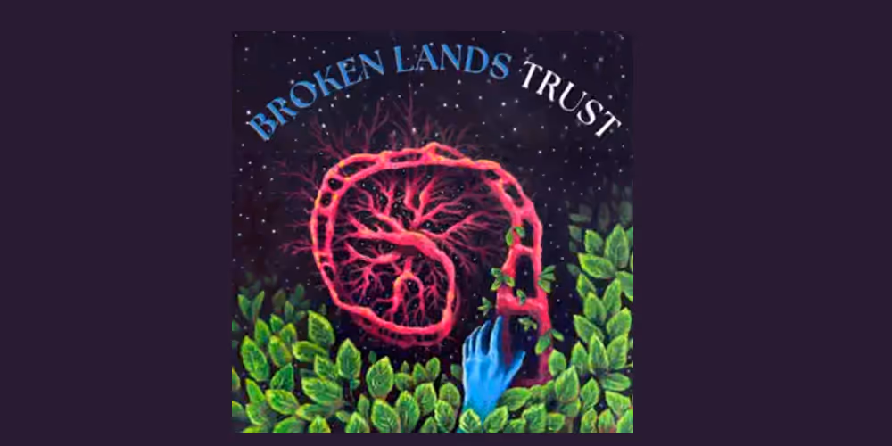  square logo with the word Broken vertial on the left and Lands vertical on the right. In the middle, two blue figures look at a tree where a third blue figure is pulling another up from a pink-colored root system.