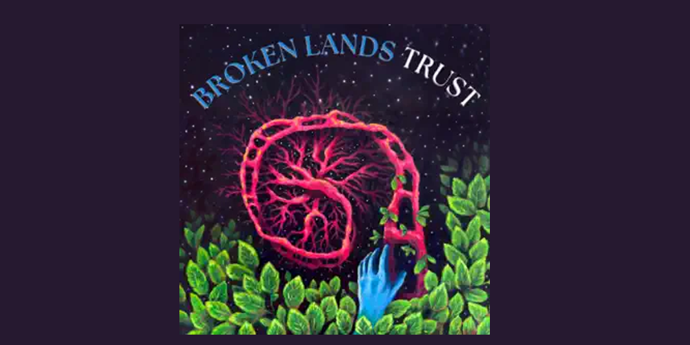  square logo with the word Broken vertial on the left and Lands vertical on the right. In the middle, two blue figures look at a tree where a third blue figure is pulling another up from a pink-colored root system.
