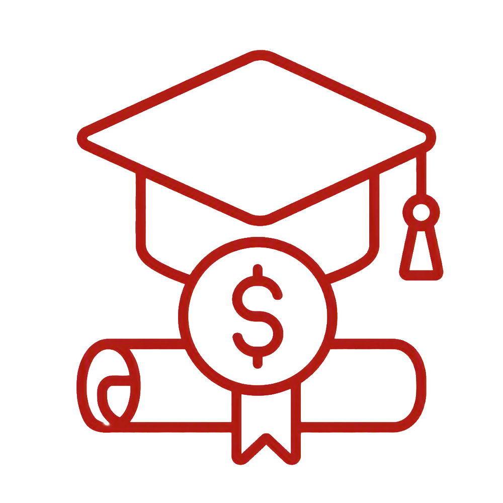 an icon of a mortarboard cap and tassel, scroll, and award with a dollar sign