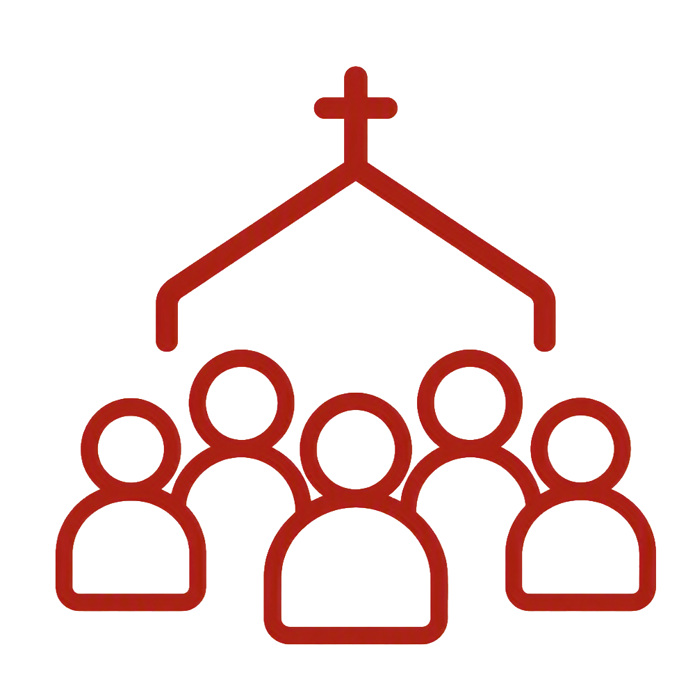 an icon of a church with people gathered in front