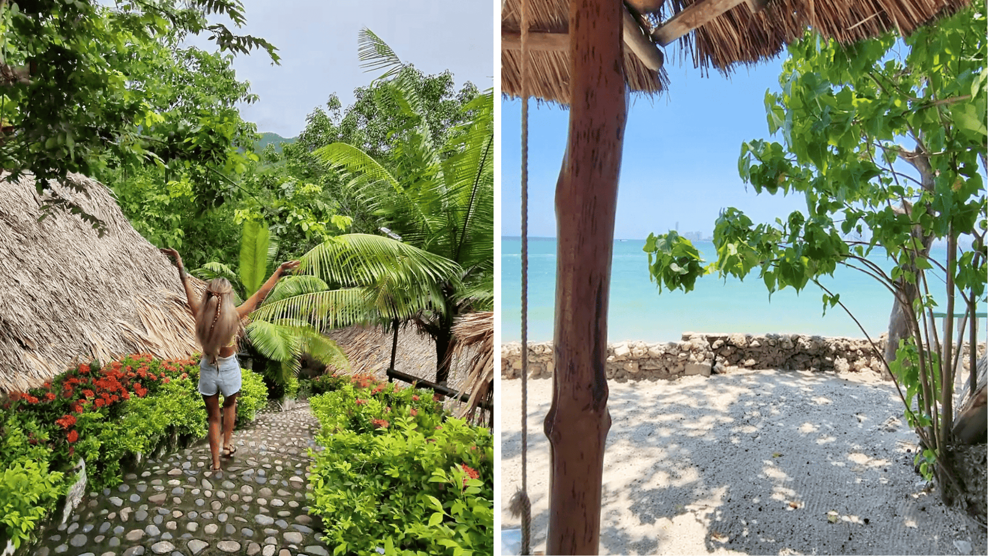 Tropical collage showing a woman exploring lush greenery at an eco-resort in Colombia and a serene Caribbean beach view, highlighting the vacation side of a dental tourism trip.