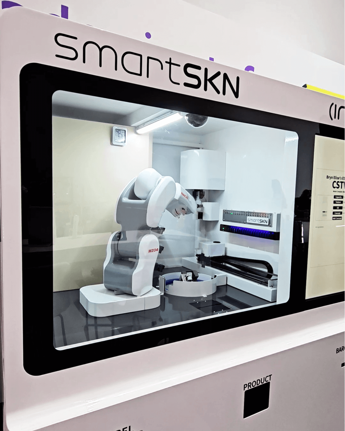 SmartSKN robotic machine formulating personalized Korean skincare in a futuristic treatment booth