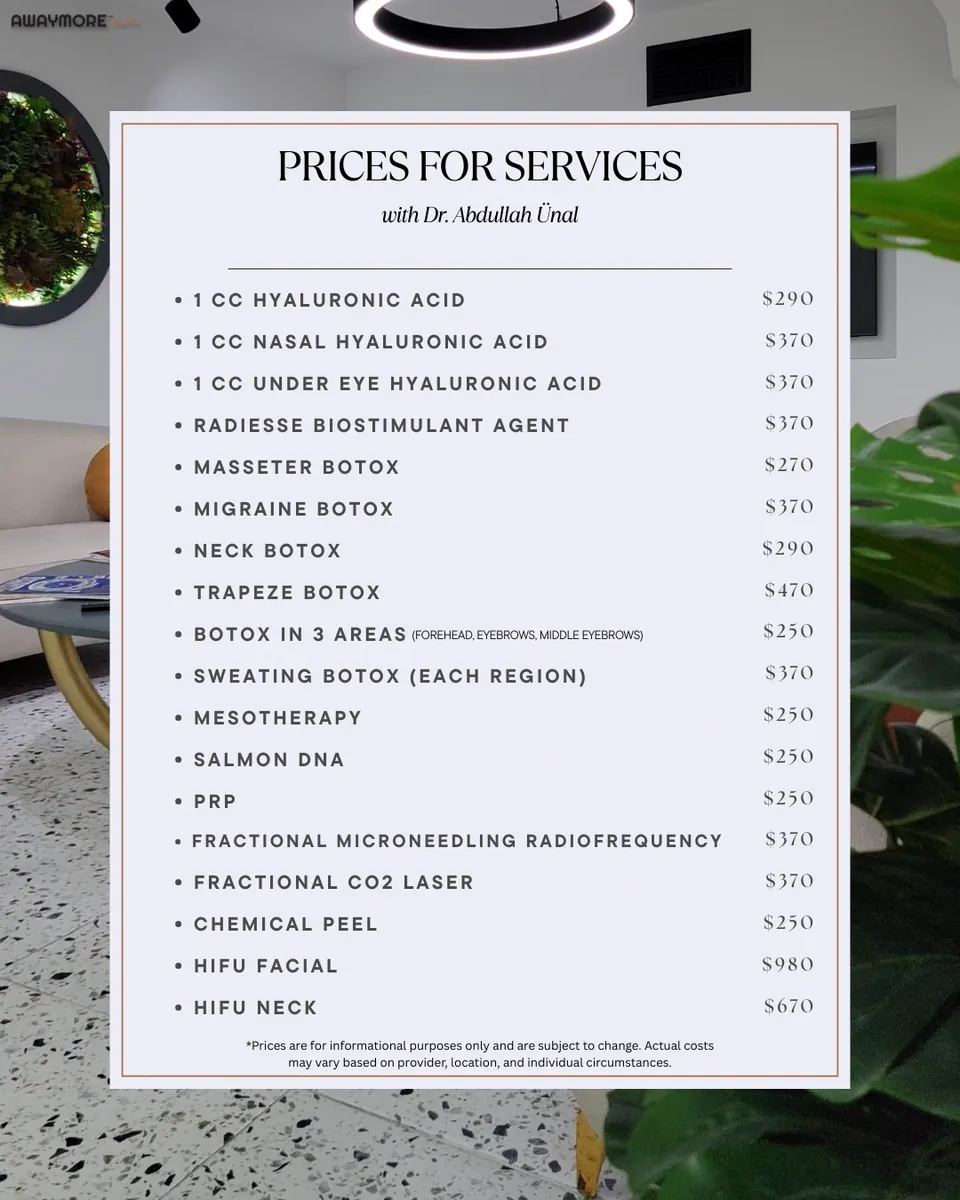 Service price list for Dr. Abdullah Ünal Dermatology Clinic