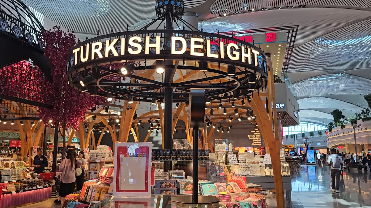 Turkish Delight booth at Istanbul Airport with bright lighting and decor