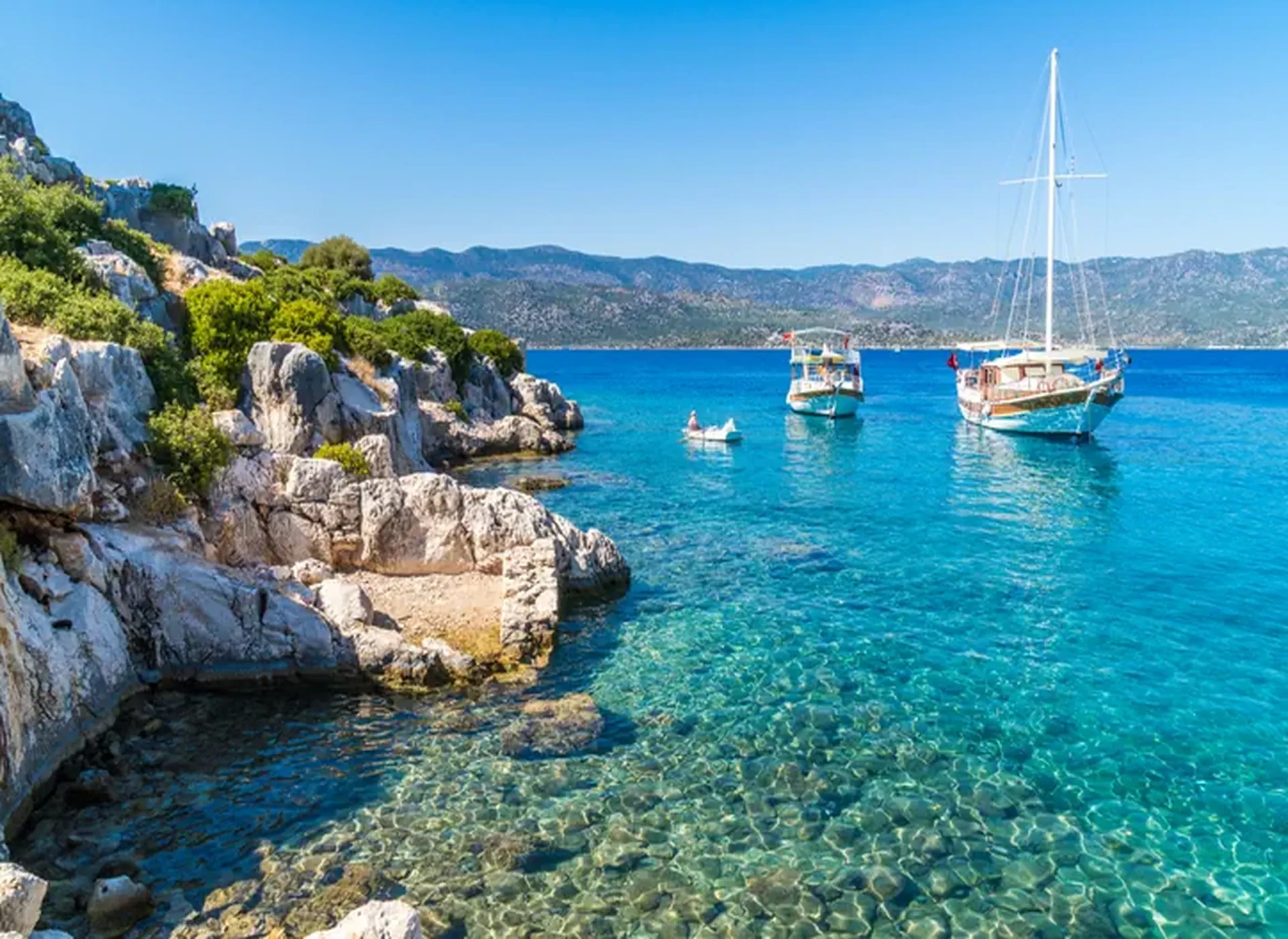 Clear turquoise water along the rocky Mediterranean coast of Türkiye with two sailboats anchored near the shore and mountains in the distance.
