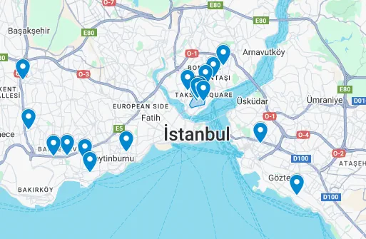 A digital map showing various vetted health and beauty provider locations across Istanbul, including Taksim and Bakırköy.